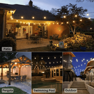 Solar festoon lights in Australia hung on a patio, pergola, swimming pool, and outdoor spaces to brighten the areas up